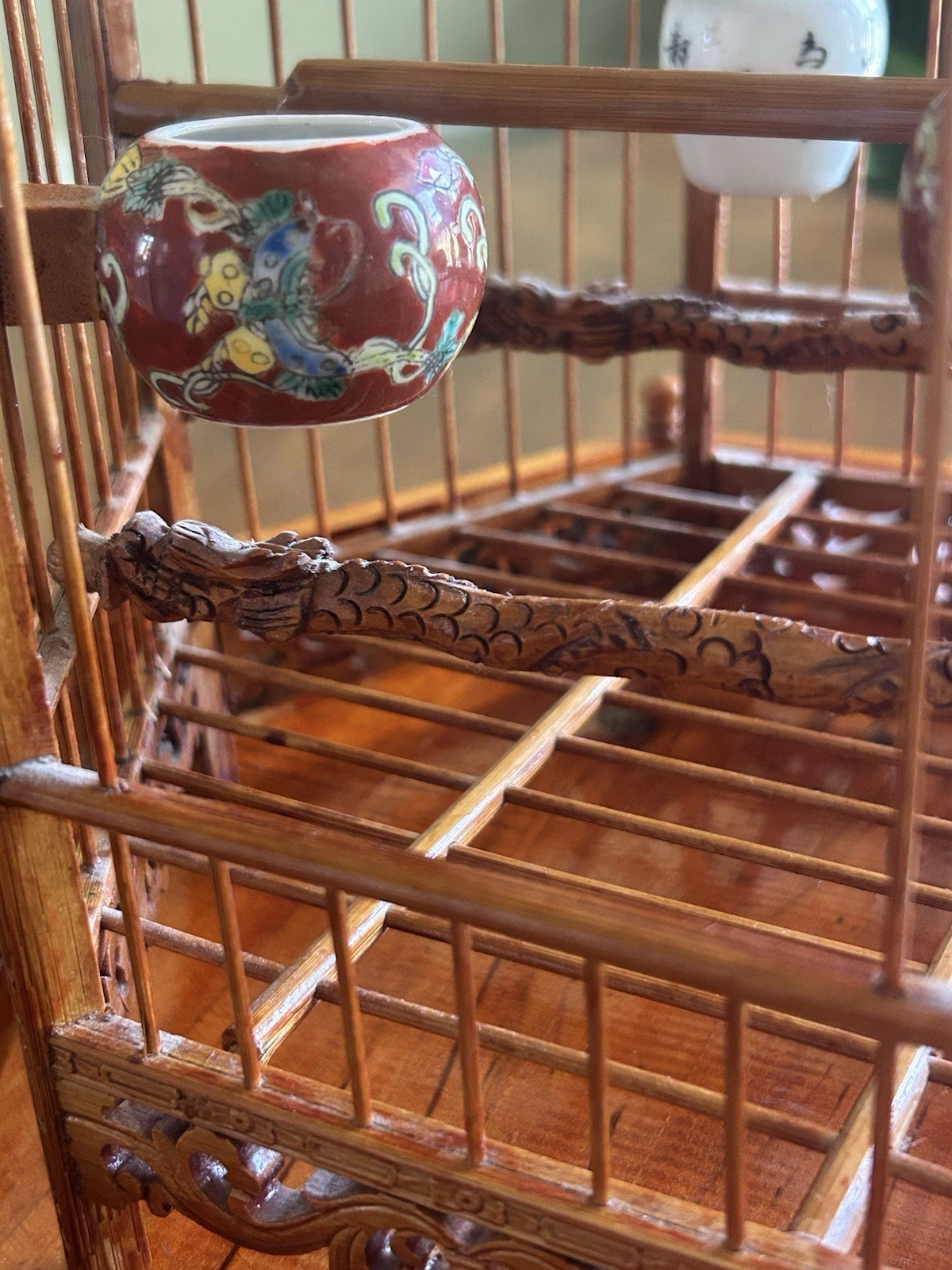 Antique Chinese Bamboo Bird Cage Hand Carved Vintage Feeders