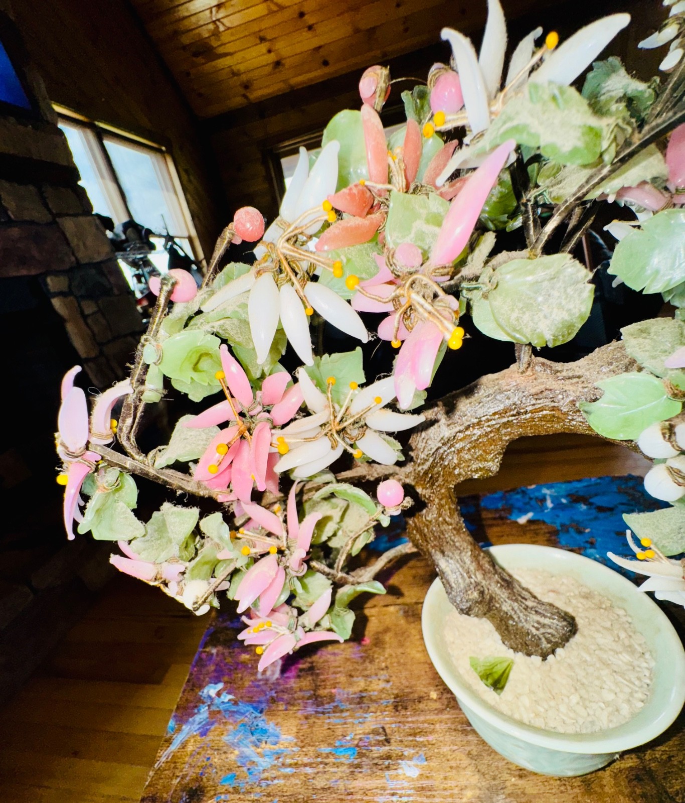 Vintage Large Chinese Jade Stone Glass Bonsai Tree Multi Color
