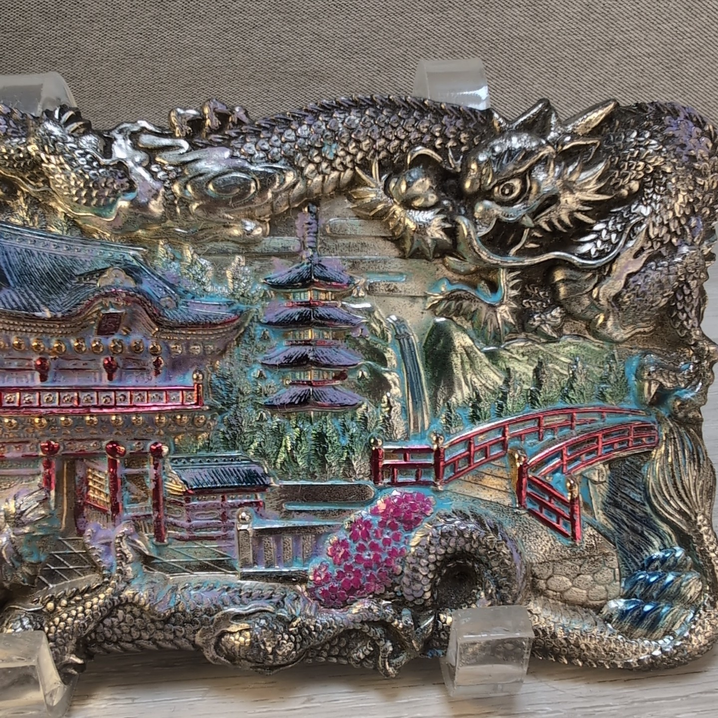 Antique Chinese Dragon Repousse Metal Tray Plaque Wall Art Jewelry Box Lid 7″x4″