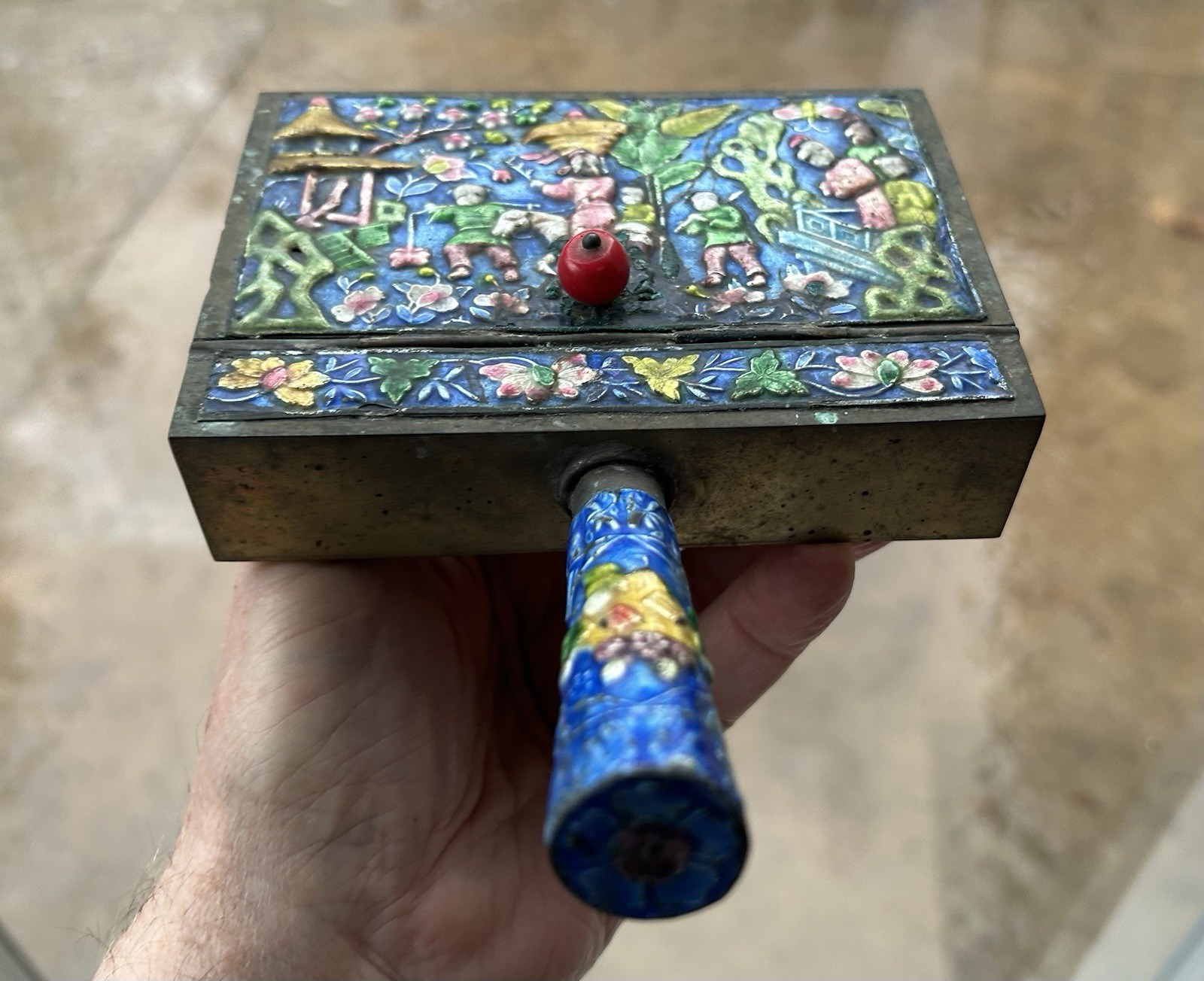 Antique Chinese Enameled Brass Silent Butler, Ashtray, Crumb Catcher sgn China