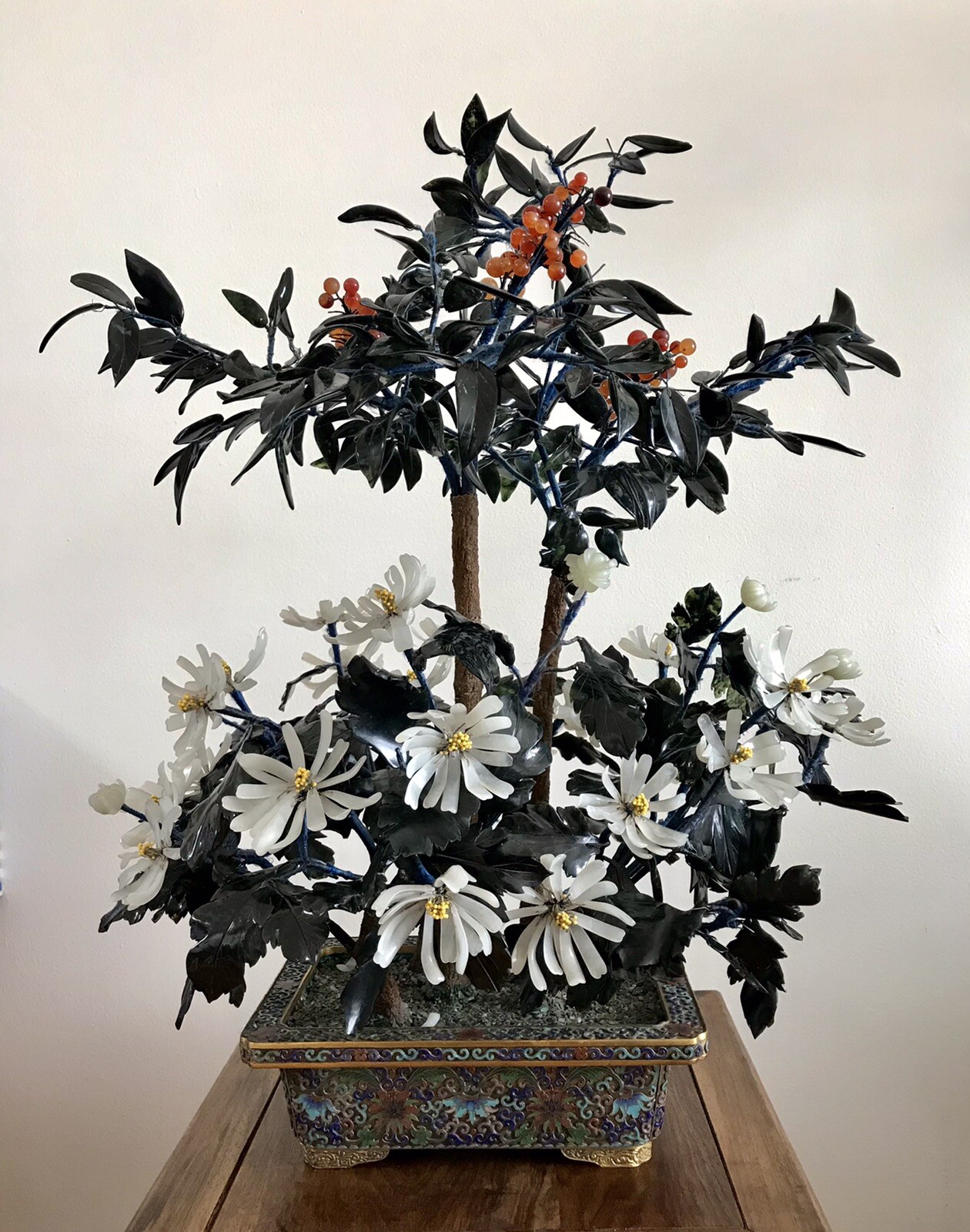 27” Tall Large Chinese Jade and Agate Bonsai Tree in Cloisonne Pot