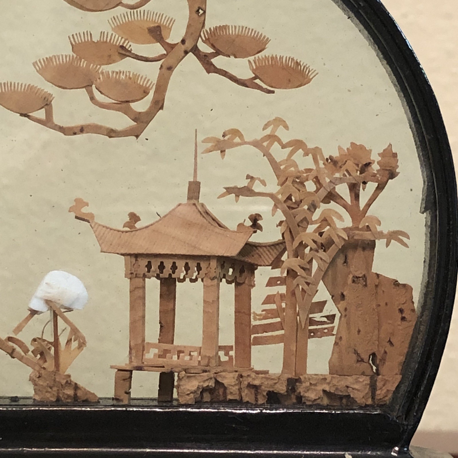 Vintage Chinese Cork Carving Art Diorama Pagoda Trees Cranes 4.25″ H