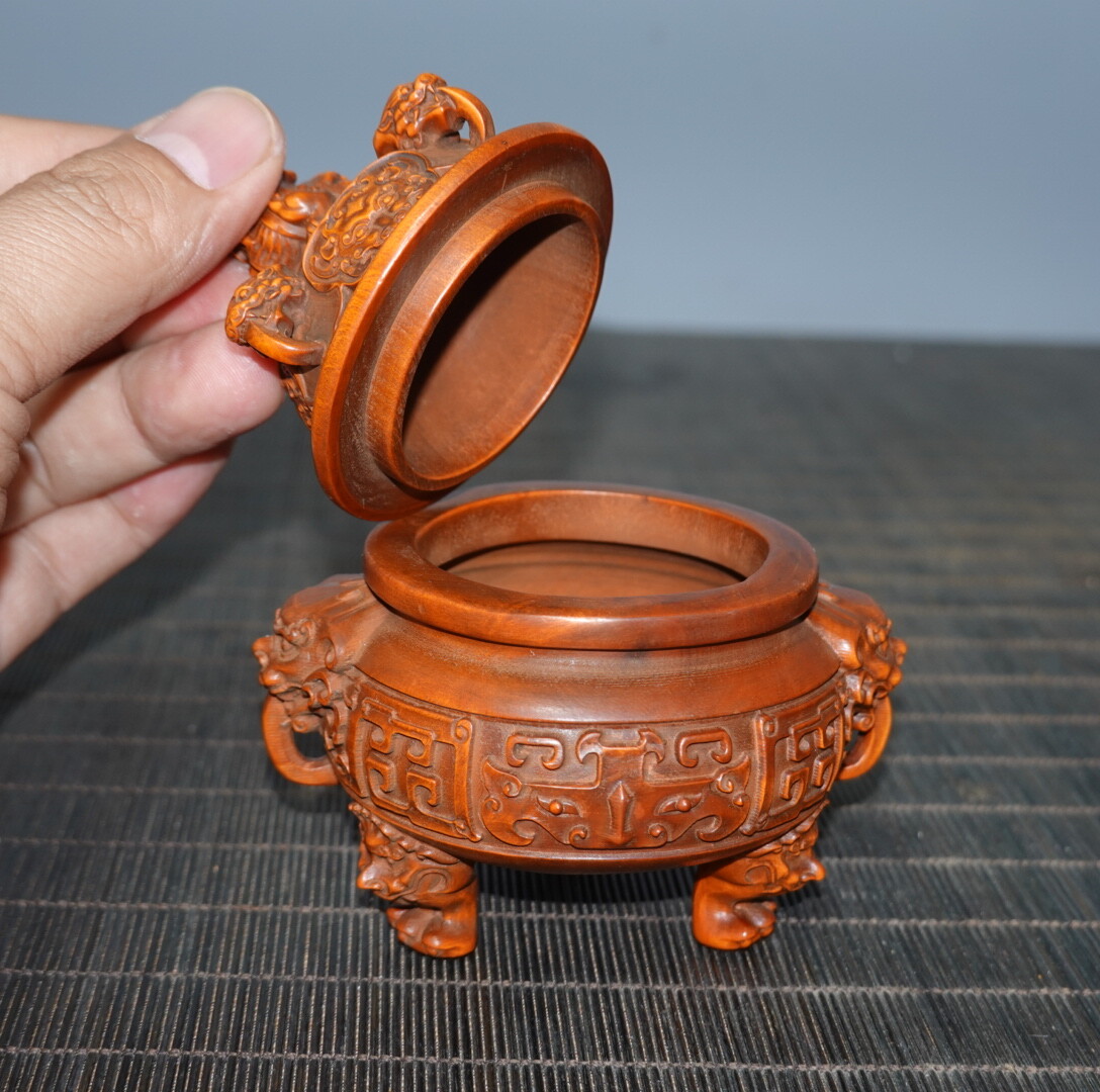 4″ Collect China Box-wood Carving Animal Foo Fu Dog Guardion Lion Incense Burner