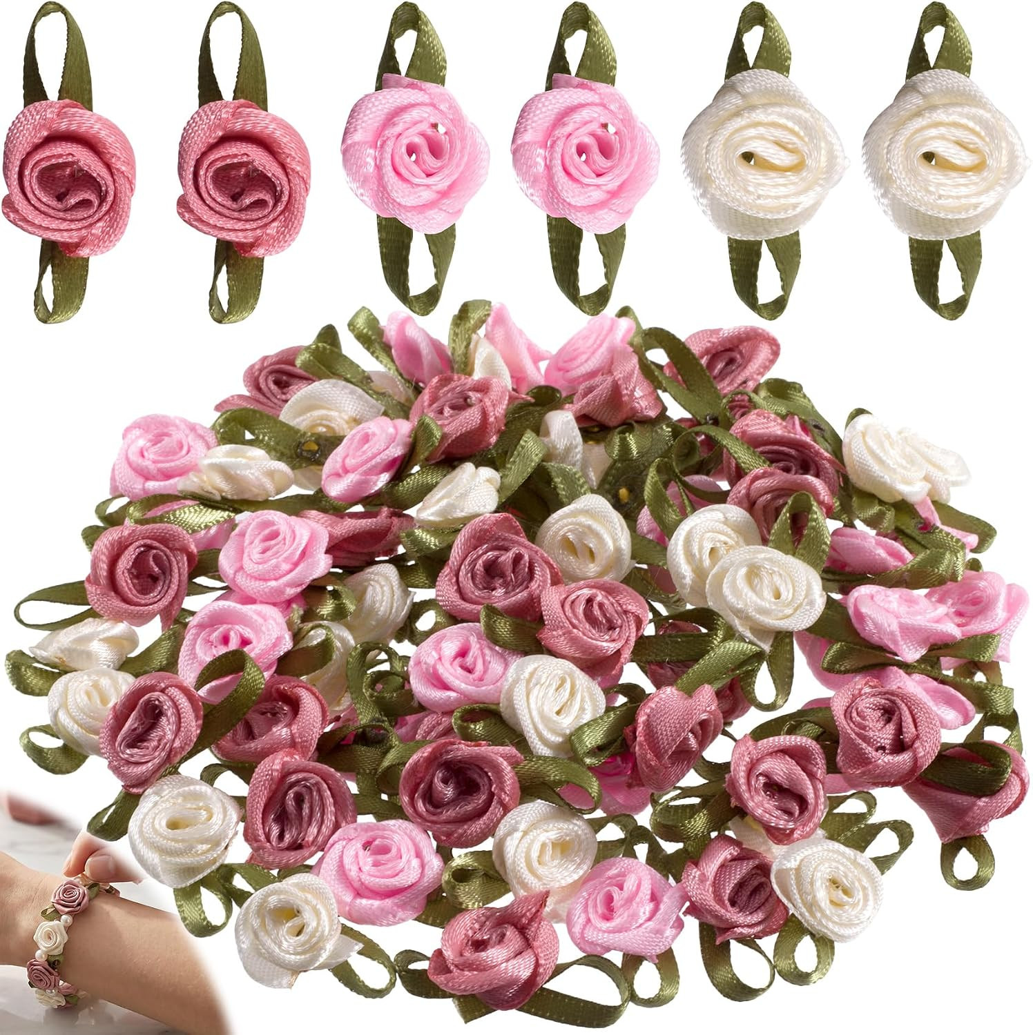 75Pcs Mini Ribbon Roses, Satin Flowers Rose Appliques with Leaves for DIY Sewing