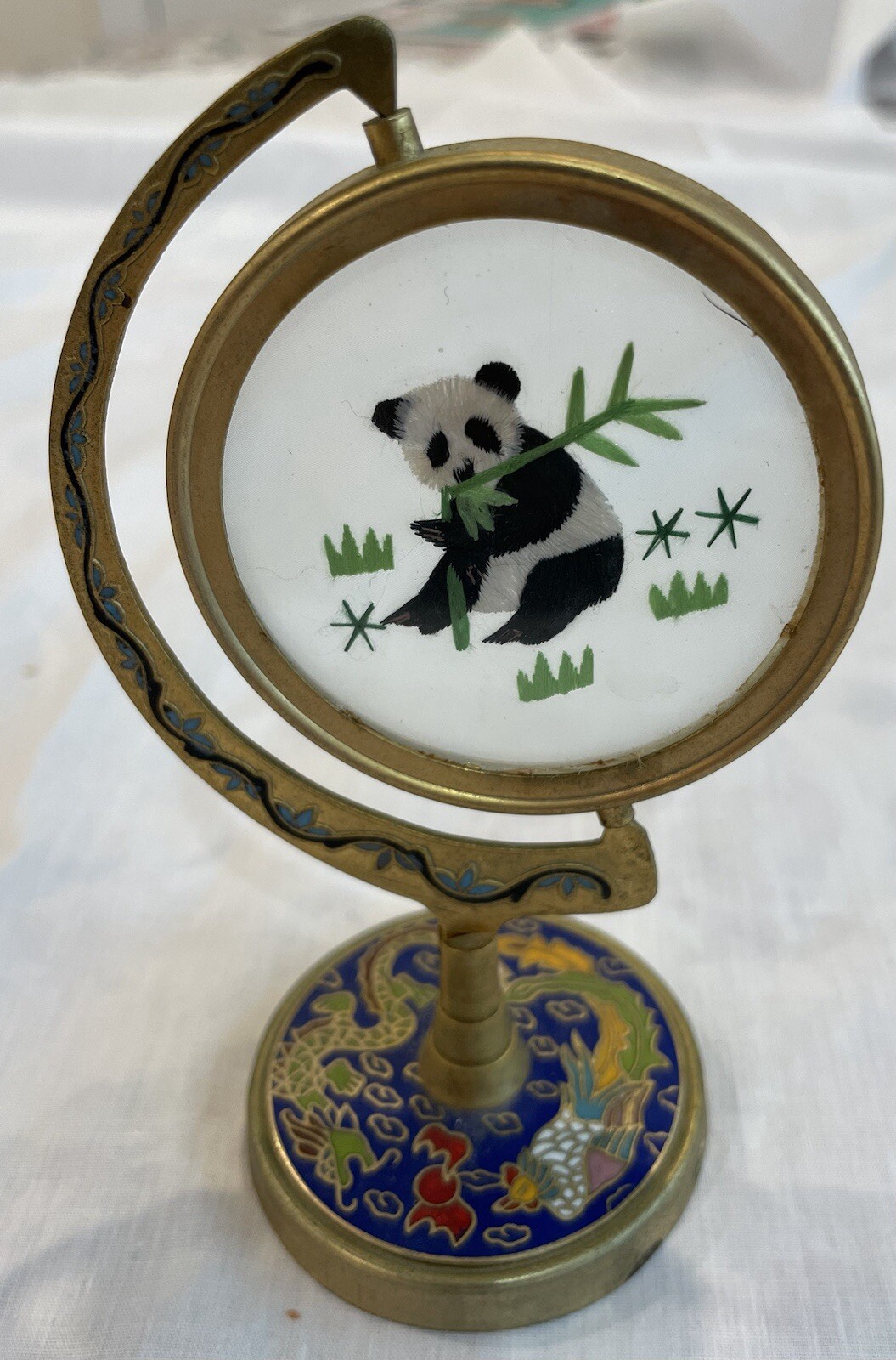 Vintage Suzhou Chinese Silk Embroidered Panda Cloisonné Enamel Metal Stand