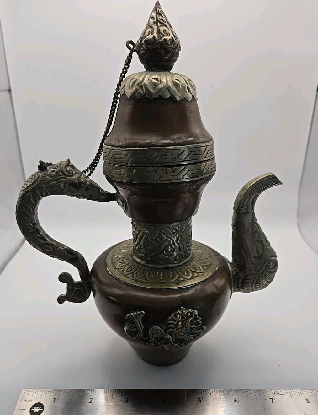 Antique Vintage Copper and Brass Carved Tibetan Teapot With Dragons EUC