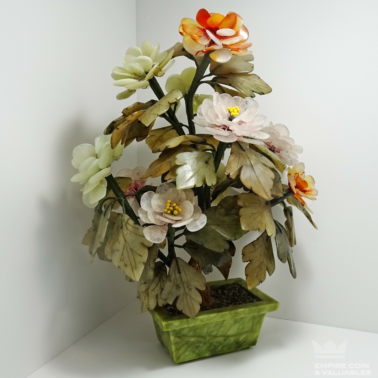 Vintage Chinese Carved Bonsai Jade, Carnelian, & Rose Quartz 13″ Flower TREE *E1