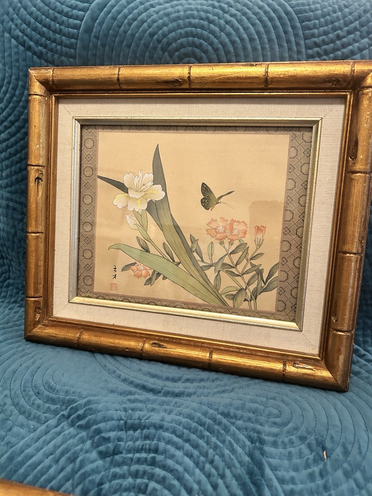 Vintage Chinese Silk Handpainted Bird Art In Gold Bamboo Frames 14×12” – 2