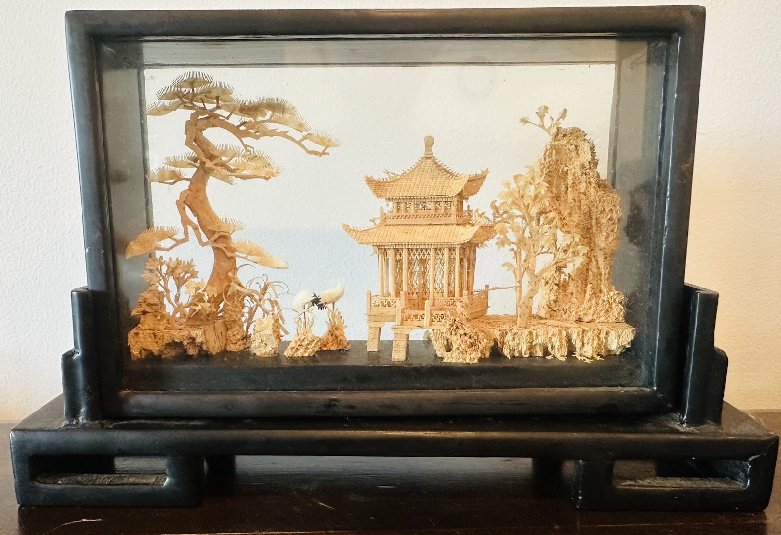 Vintage Chinese Carved Cork Diorama In Glass Pagoda Trees Cranes