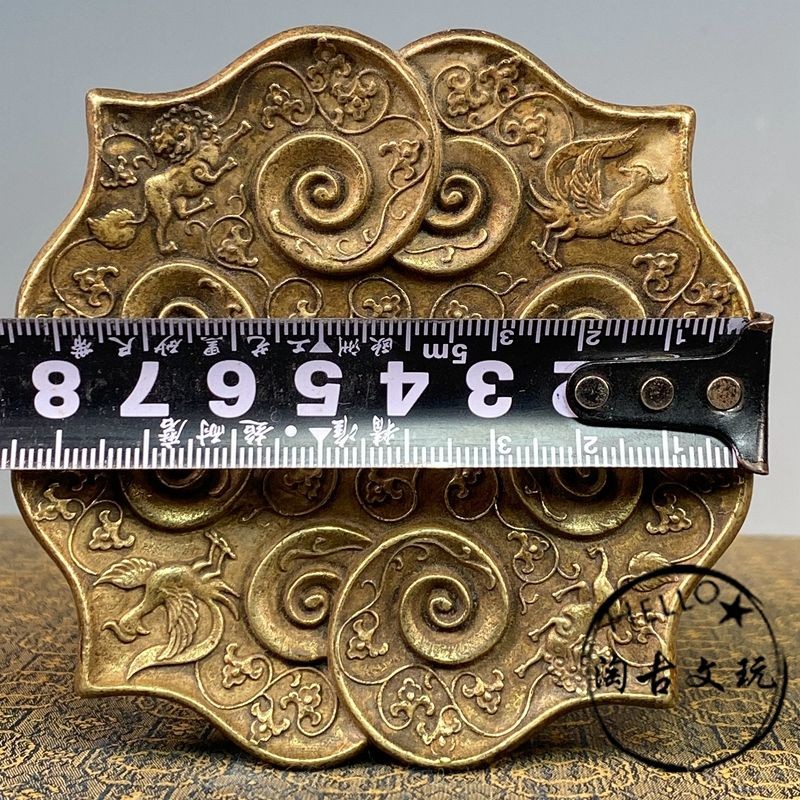 Handmade Copper Carved Ruyi Animal Pattern Tray Vintage Tea Plate Amulet