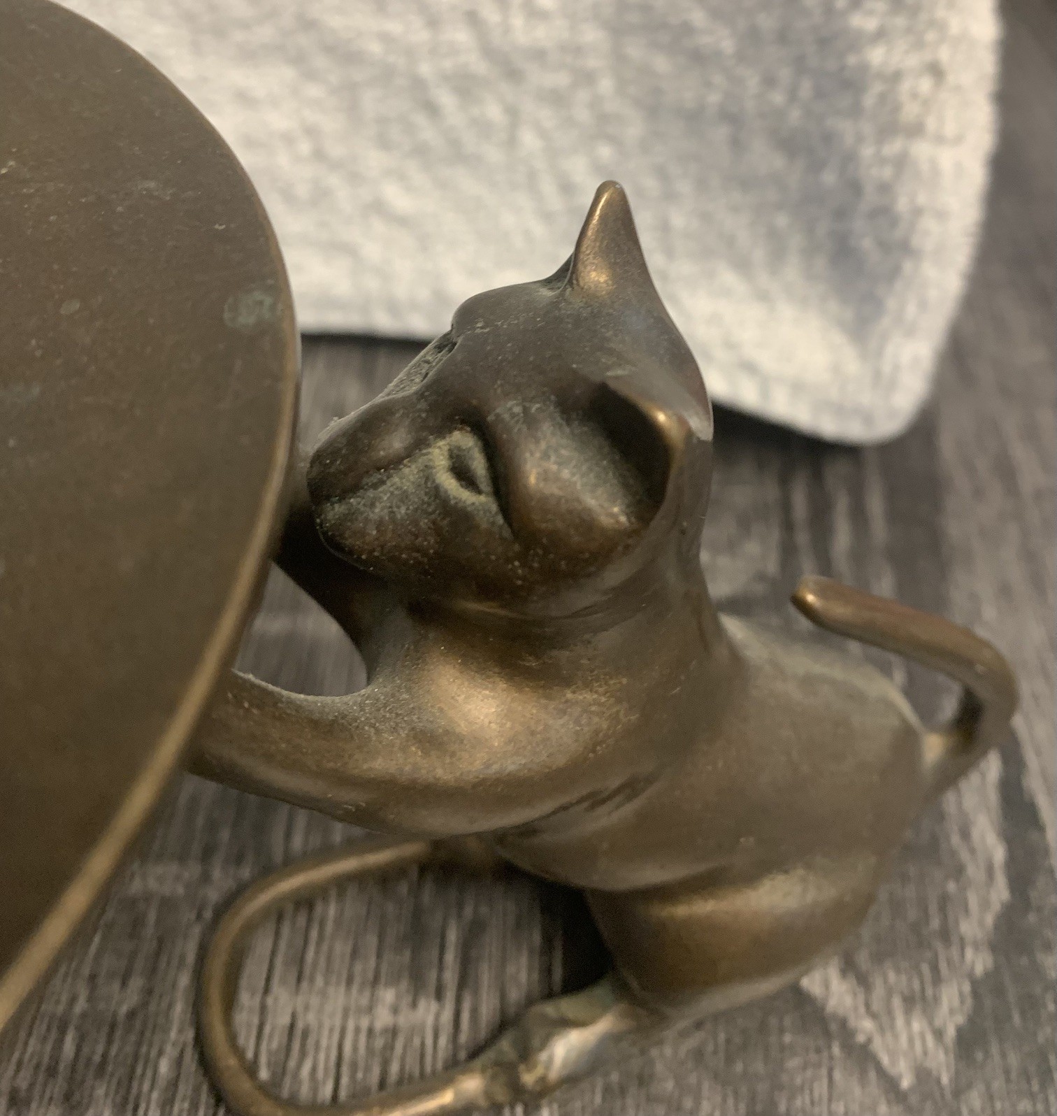 Chinese Folk Copper Bronze Lucky Cat Statue Candle Holder Candlestick pricket