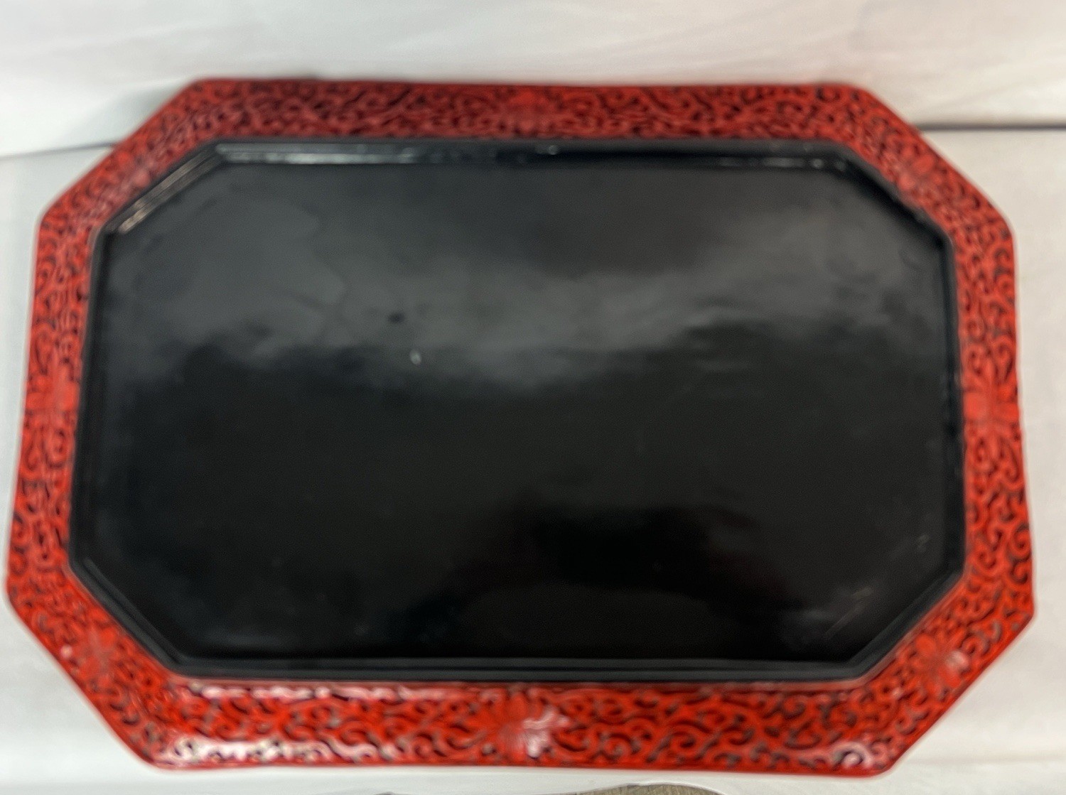 Vintage Chinese Cinnabar Lacquer Serving Tray Platter Carved Peony Floral 14×10″