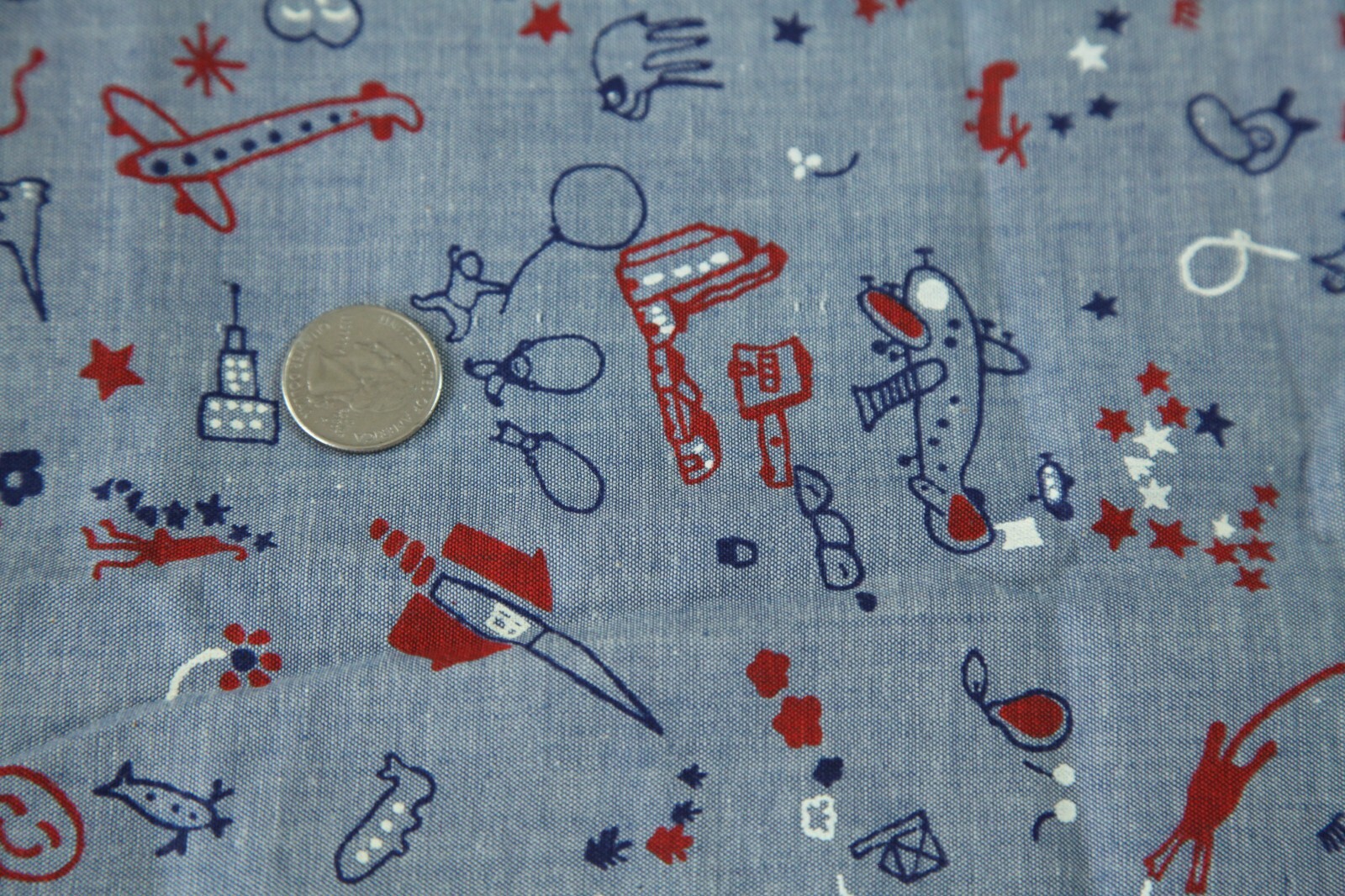 45″ x 44W Vintage Novelty Print Chambray ? Fabric Animals Cat Childrens Drawing