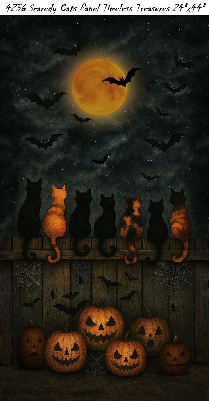 Scaredy Fence Cats cotton fabric BTP Timeless Treasures Halloween 4236 Panel