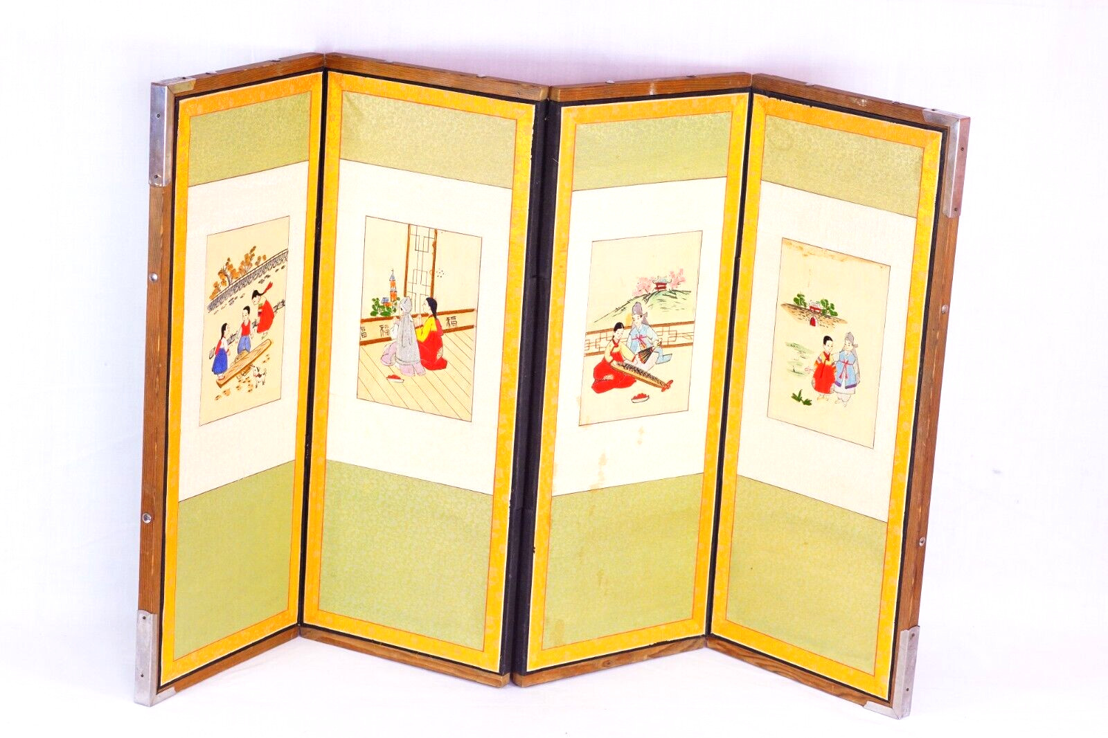 Chinese Embroidered Art Folding Wood & Fabric Panels Vintage Asian Home Decor
