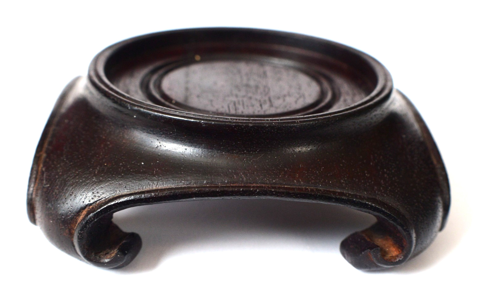 Vintage Chinese Round Brown Wood Stand w/Square Scroll base 2 1/2″ diam top S30
