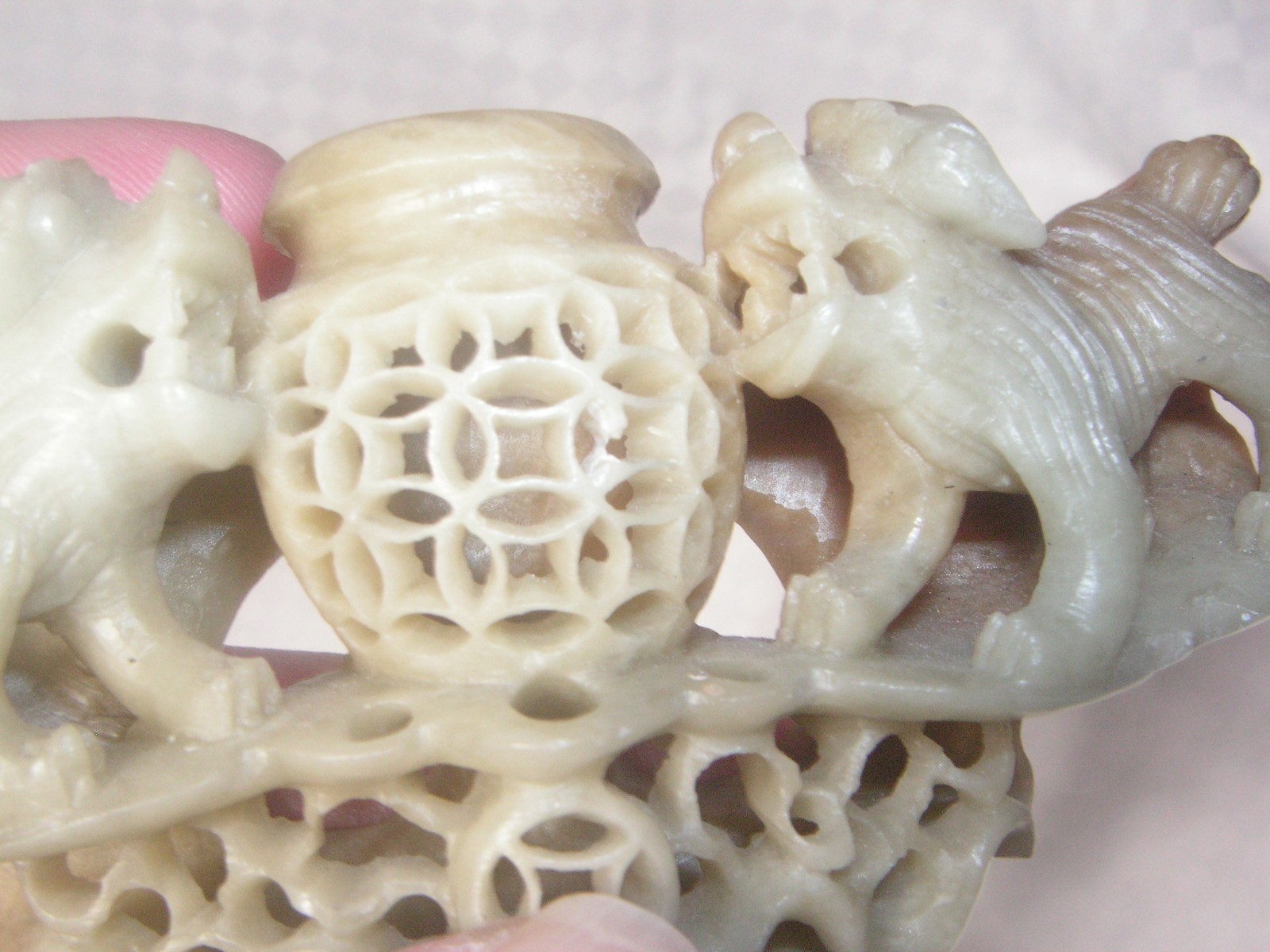 VINTAGE, PROBABLY CHINESE, SOAP STONE INCENSE BURNER WITH FOO DOGS, CARVINGS