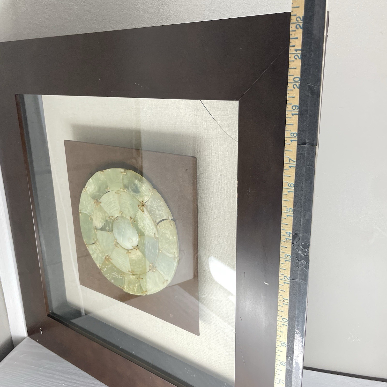 Jade Carved Chinese Zodiac Signs Yin & Yang Center in Heavy Shadow Box Frame