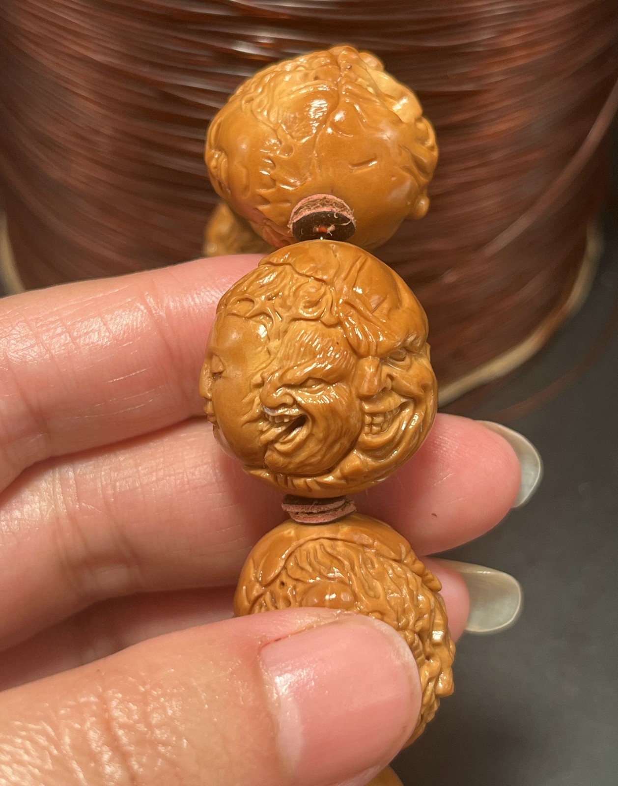 Large Olive Dentoliva Deep Relief Carving “Good Vs. Evil” Fierce Monk Bracelet