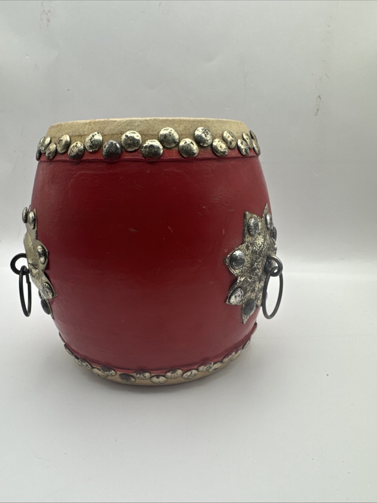 20th Century Chinese Traditional Small Red Tanggu. Wood, Cowhide, Metal 6×6 In.