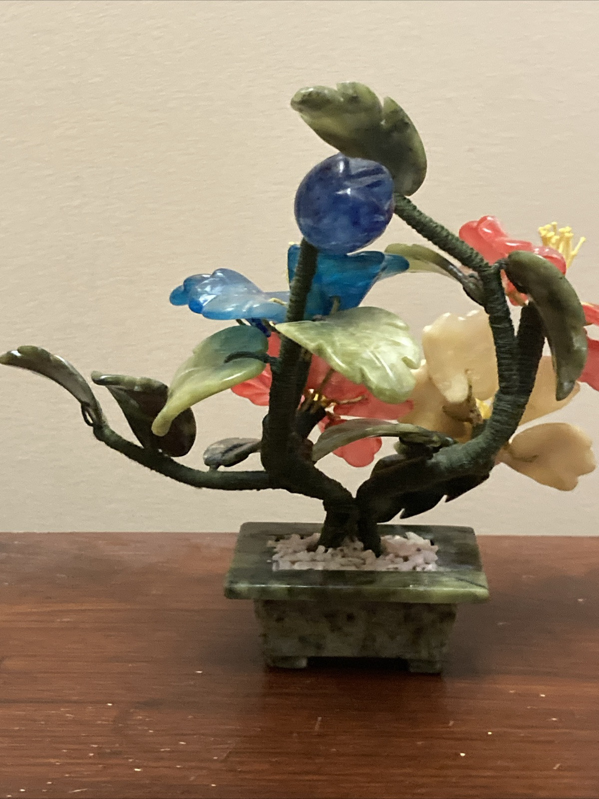 VTG Japanese Chinese Oriental Asian Jade Glass Flowering Bonsai Tree Celadon Pot