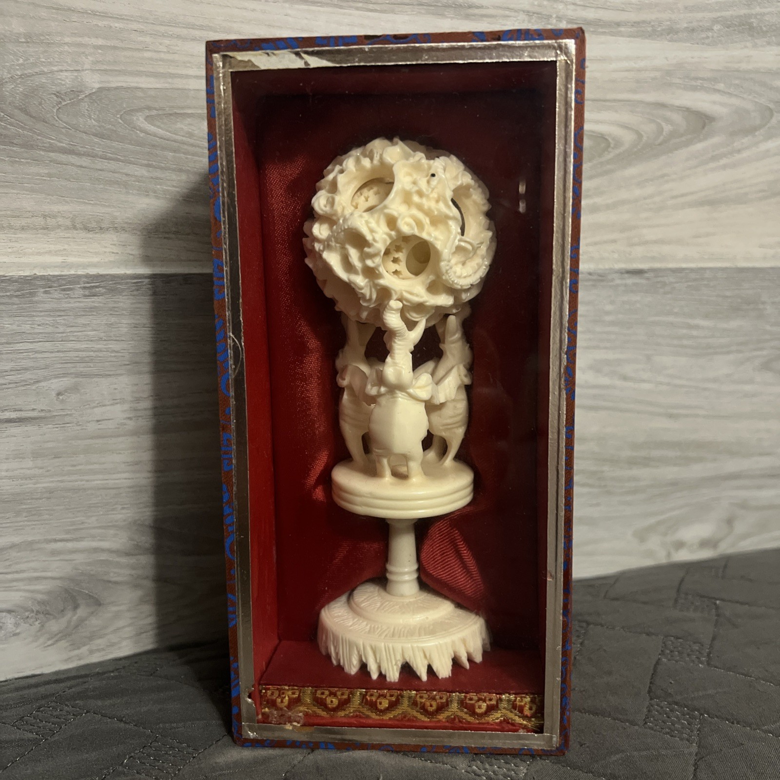 Antique Chinese Dragon & Elephant Puzzle Ball Ivory Color in original box 7”