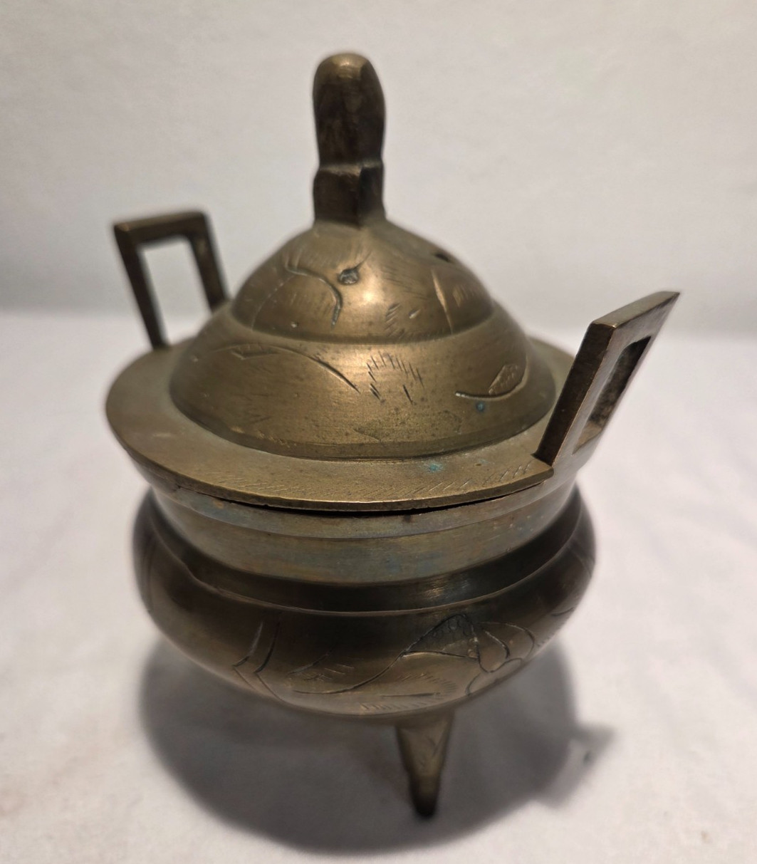 Vintage Marked & etched Chinese Brass Tri-Footed Incense Burner Holder