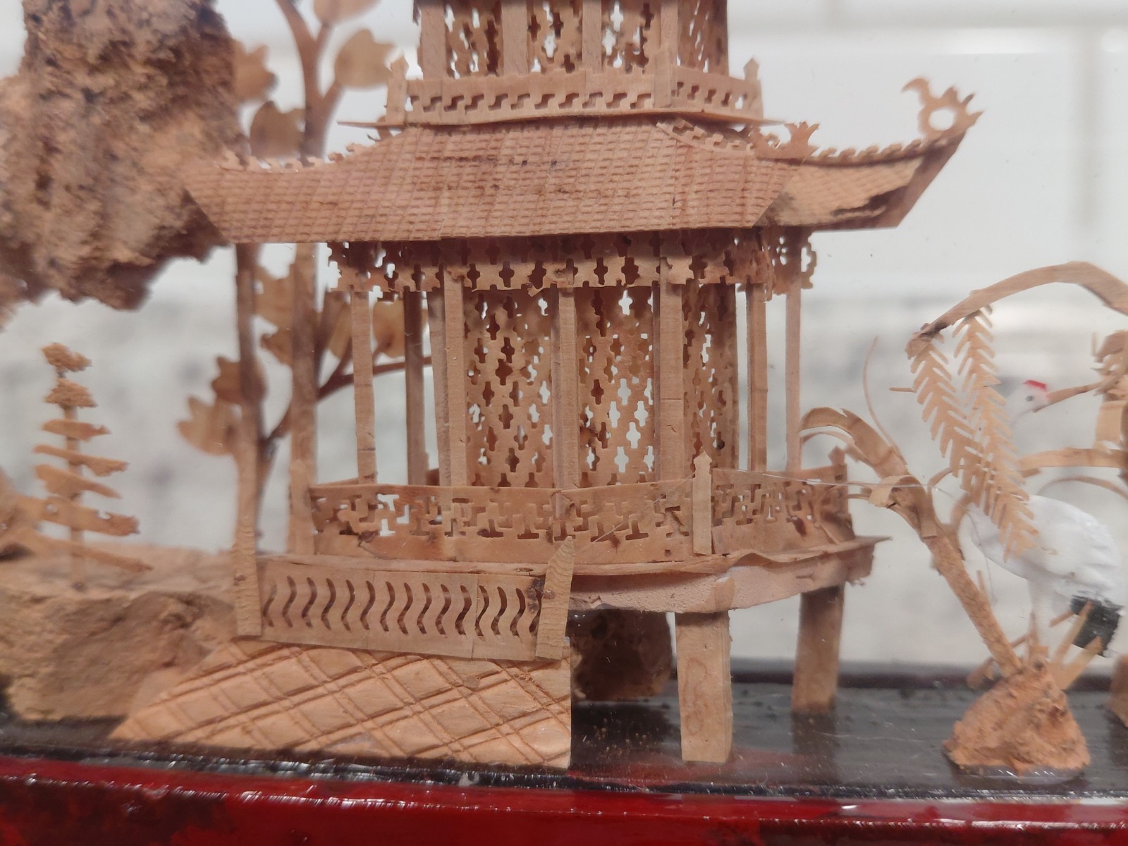 Vintage Oval Chinese Cork Art Diorama Shadow Box Pagoda Cranes Scene Glass Frame