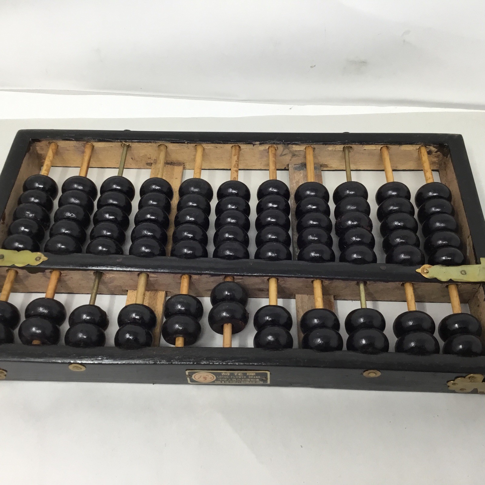 Vintage Chinese Abacus Wood & Brass Lotus Flower Brand Calculator 11 Row 77 Bead