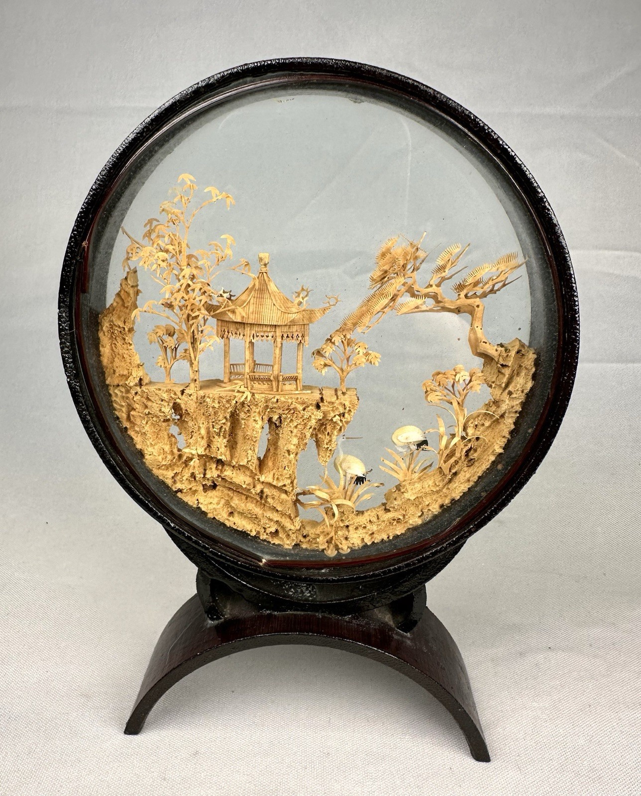 VTG Chinese Hand Carved Cork Diorama Shadow Box Asian Art Pagoda Cranes Trees