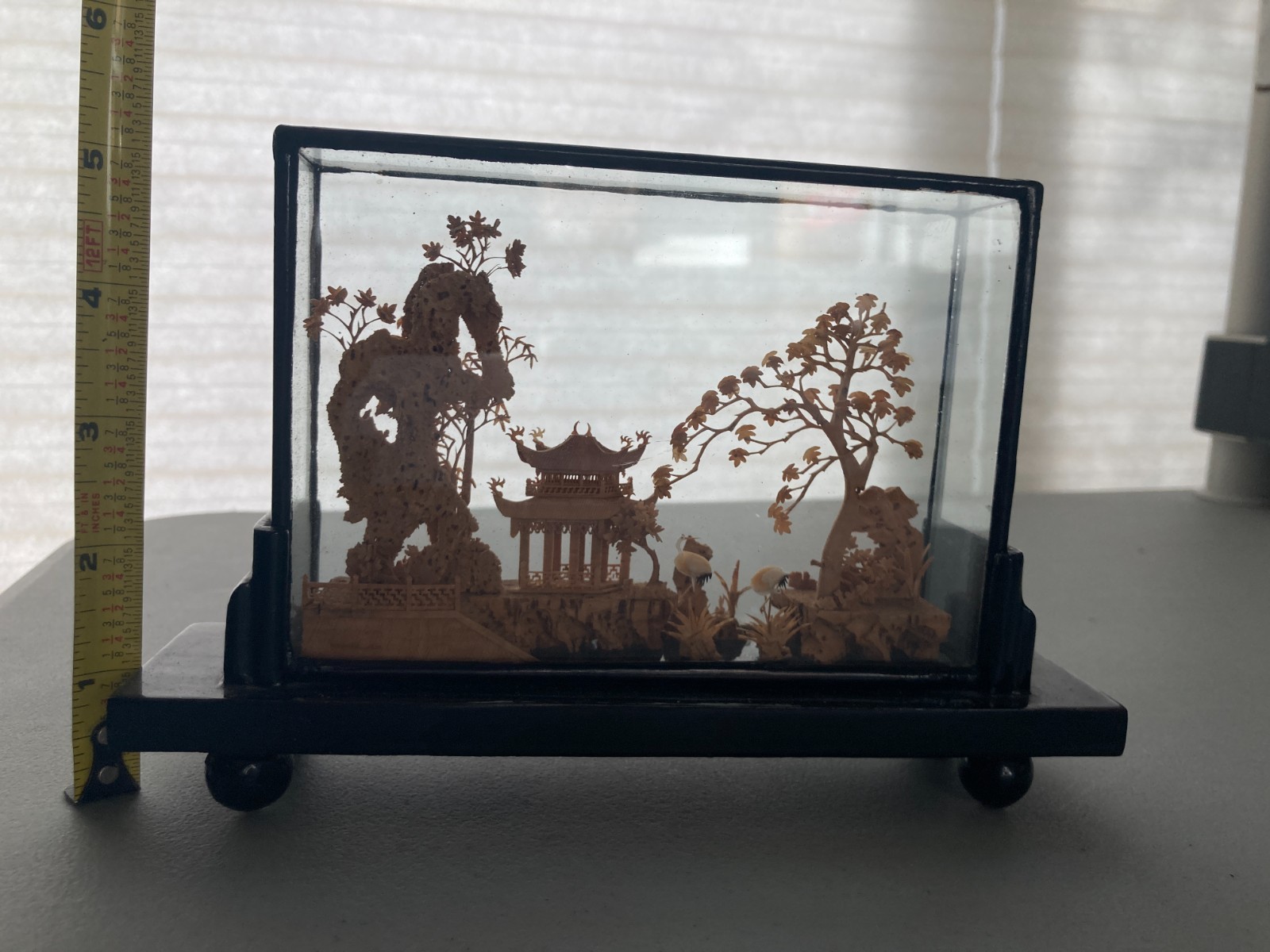 Hand Carved Cork Diorama Chinese Landscape Pagoda Scene Glass Case
