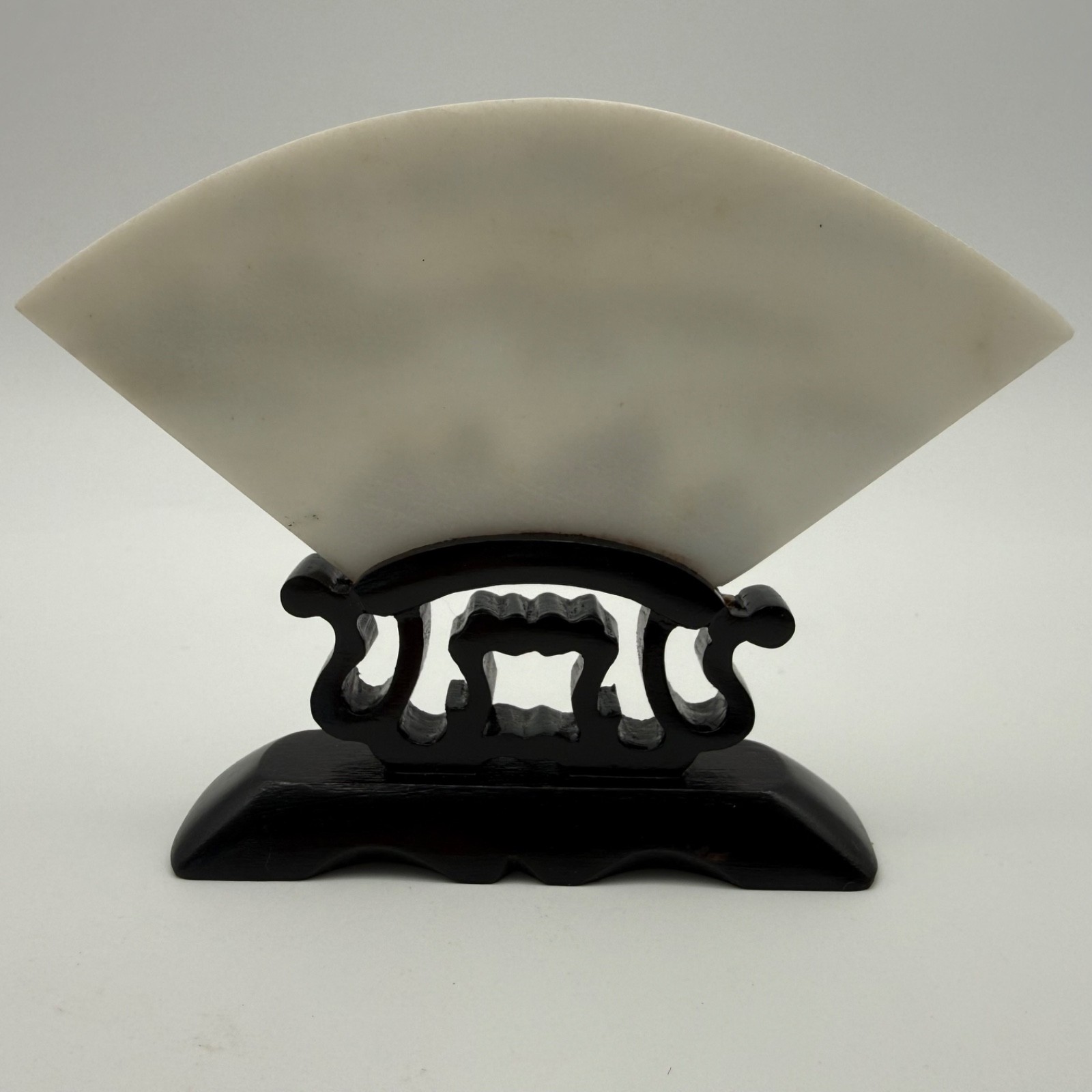 Vintage Chinese Hand Painted Marble Plaque Fan Shaped Landscape Wood Stand