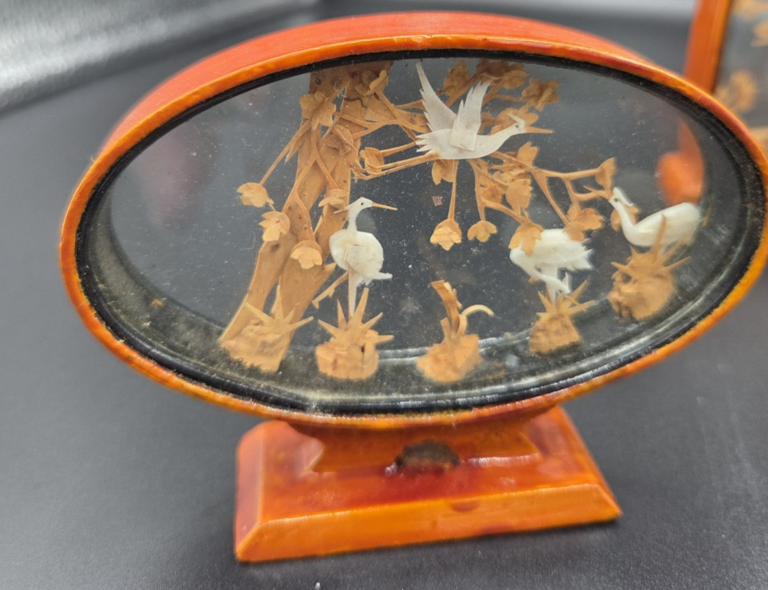 Vintage Asian Carved Cork Diorama Art In Wood/Glass Shadow Boxes 5 pieces