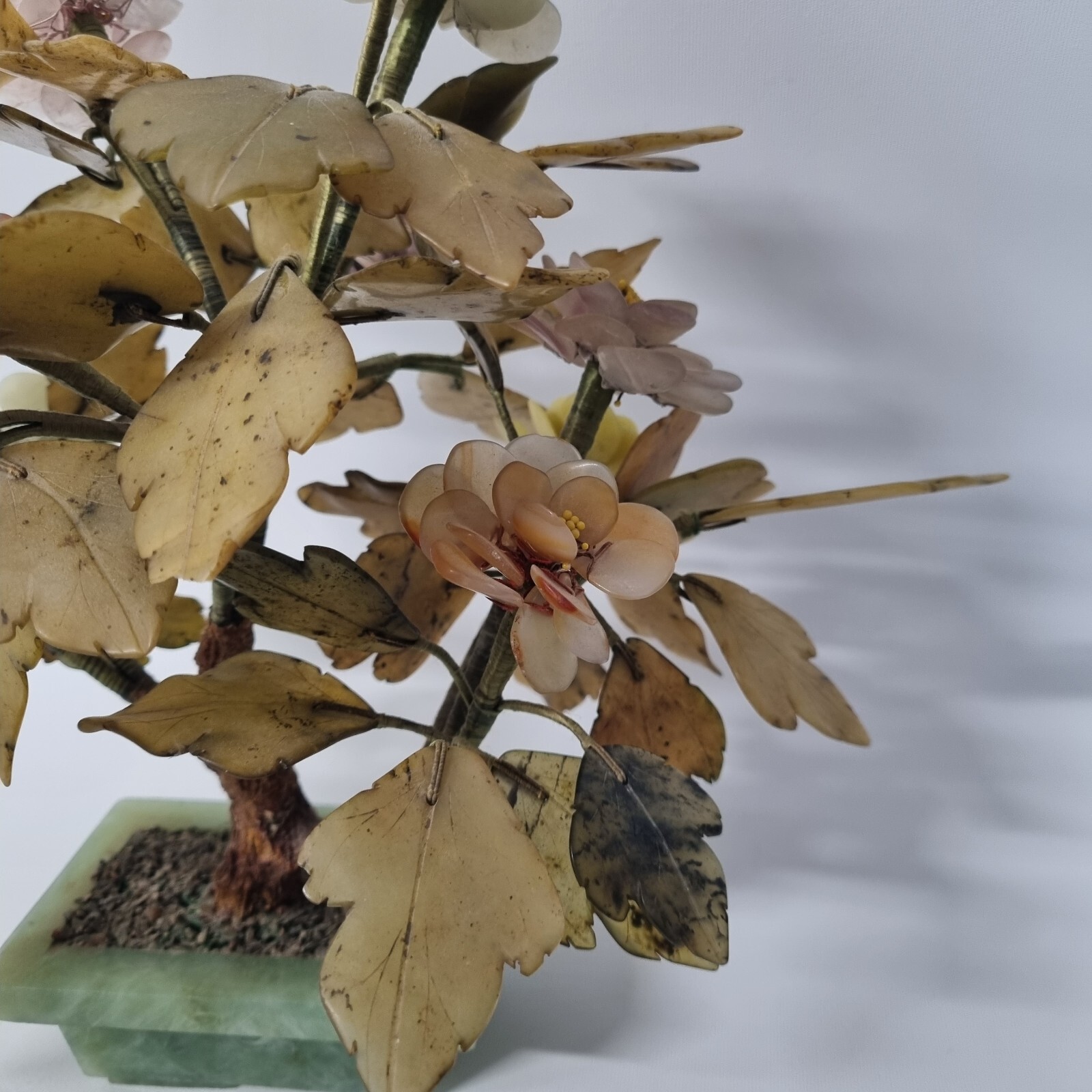 VINTAGE MCM CARVED JADE AGATE BONSAI FLOWER ASIAN ART TREE 11″ TALL