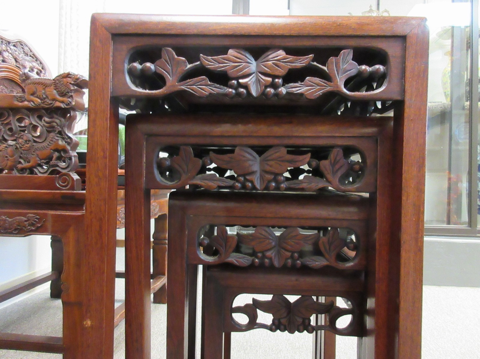 Chinese solid wood carved openwork four-piece flower stand set