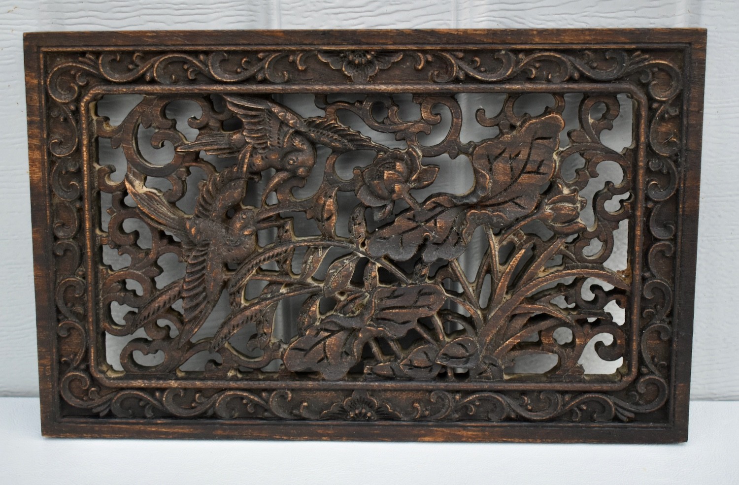 Vintage Hand Carved Chinese Plaque with Birds & Floral Details
