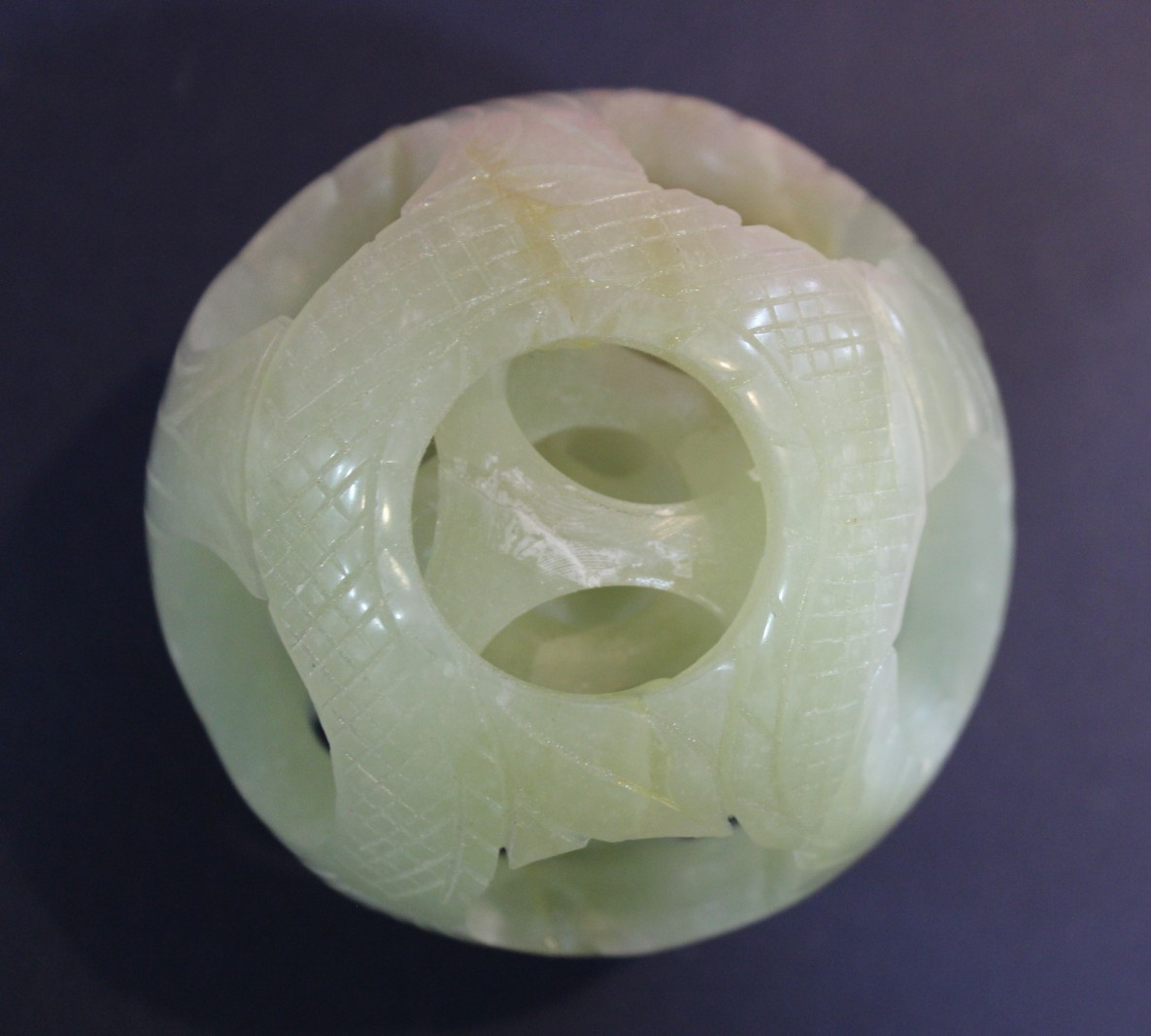 Vintage Chinese Hand Carved Jade Stone Puzzle Ball Sphere 3-Layer Sculpture 3″