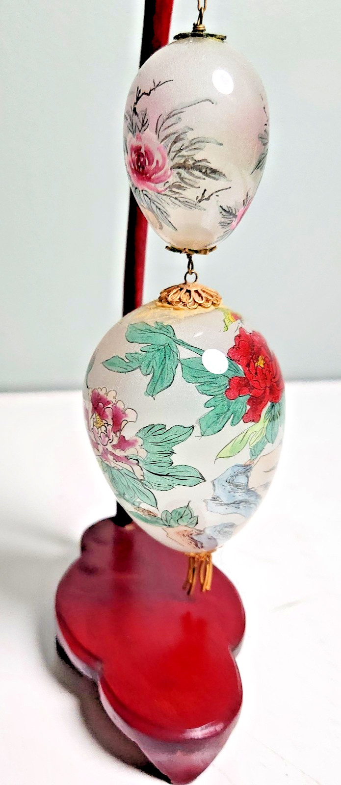 Vintage Chinese Reverse Hand Painted Glass Egg Hanging Wood Display