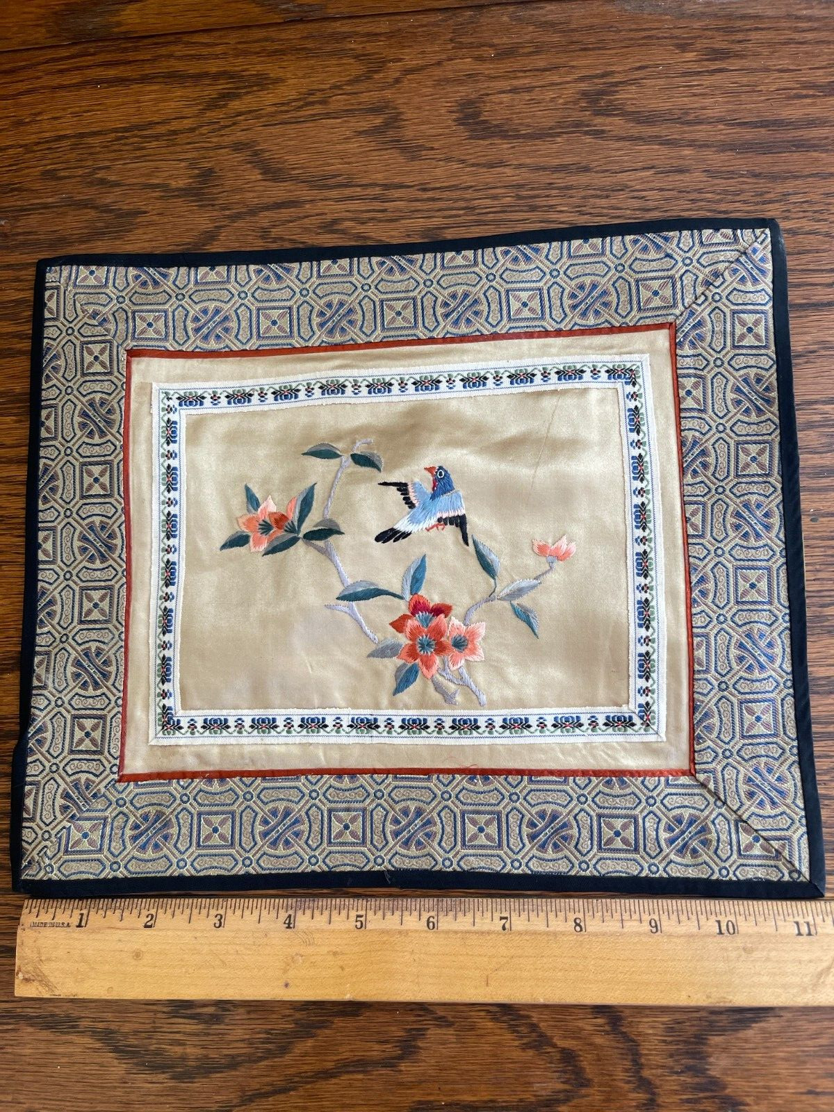 VINTAGE CHINA SILK EMBROIDERED PANEL BLUEBIRD BRANCH SQUARE (K)