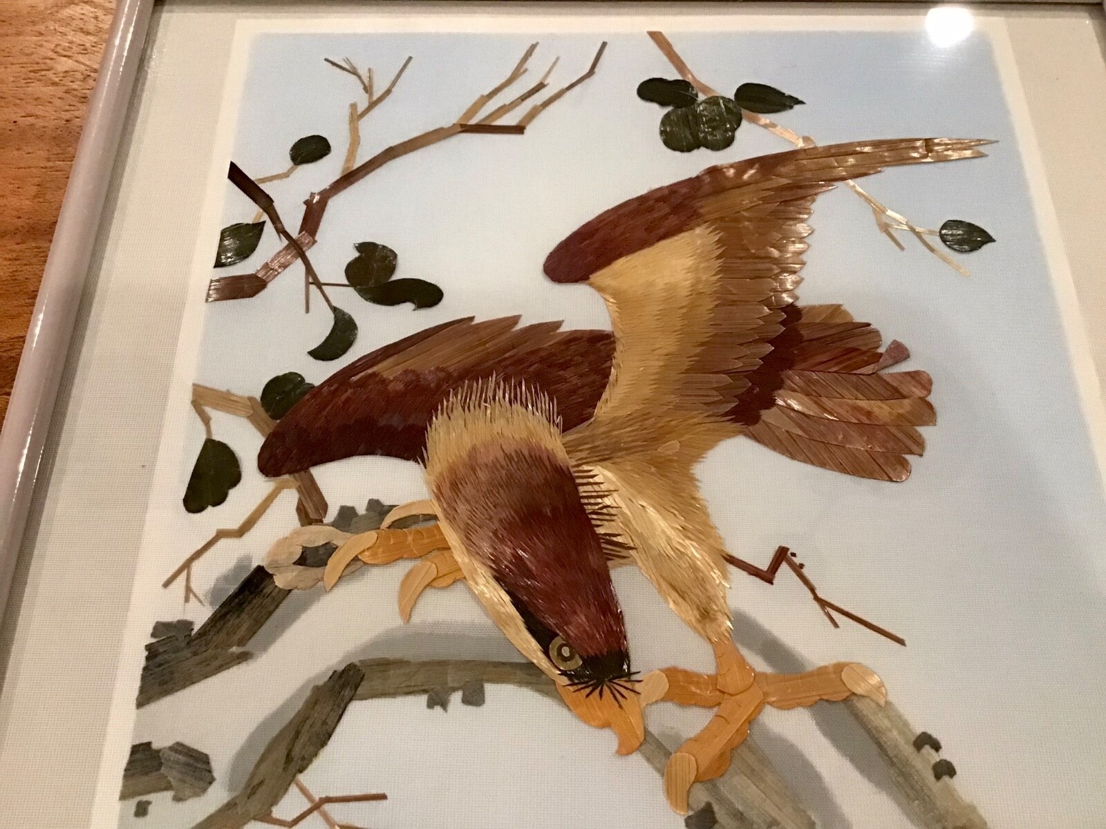 VTG ASIAN CLOTH PAINTED WOOD HAWK PICTURE WALL ART FRAMED- ONE OF TWO AVAILABLE