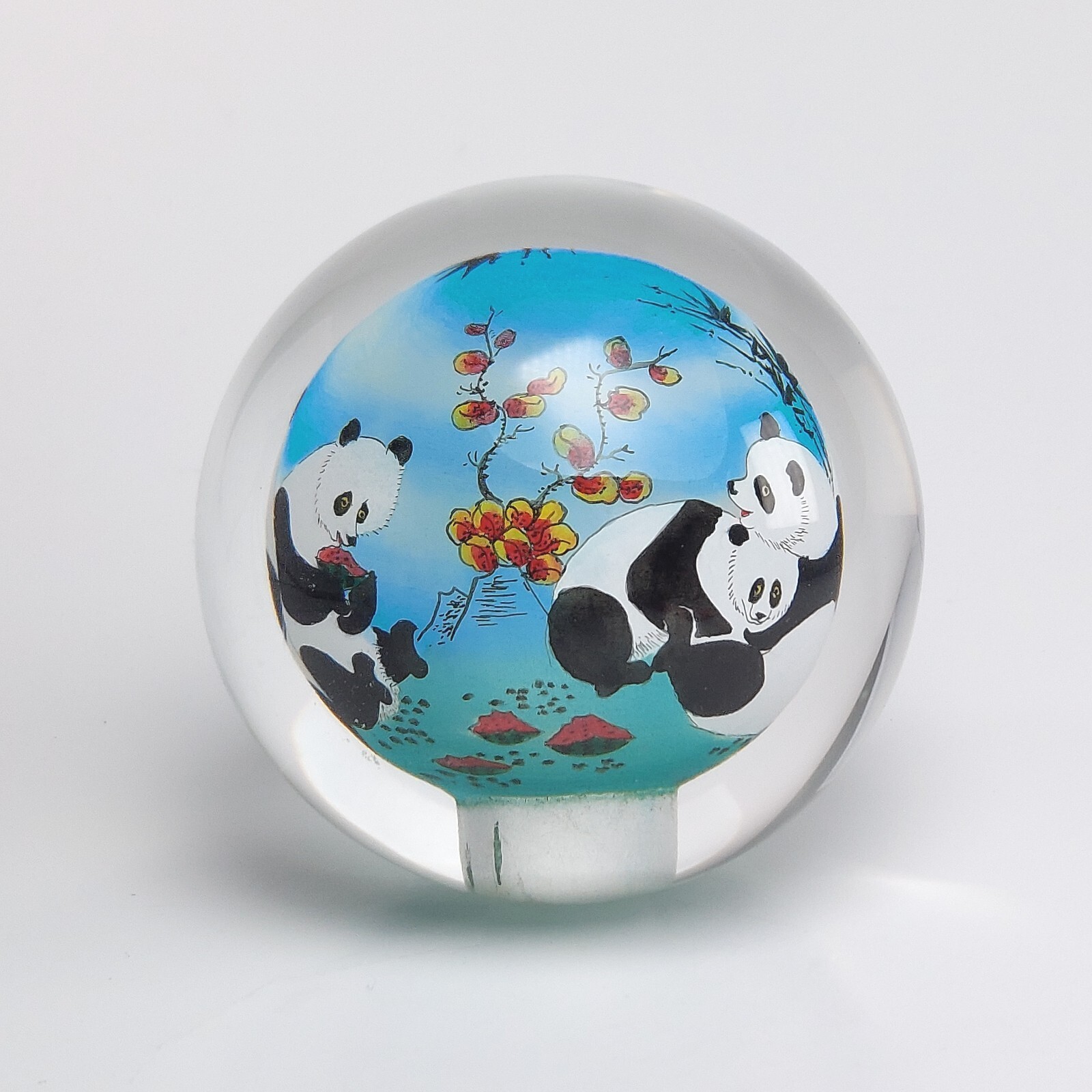 Chinese Glass Ball Sphere Paperweight Reverse Hand Painted Pandas NO Base