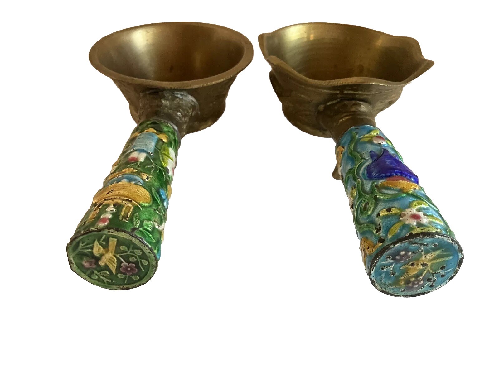 2 Different Vintage Cast Brass & Enamel Chinese Silk Iron Irons