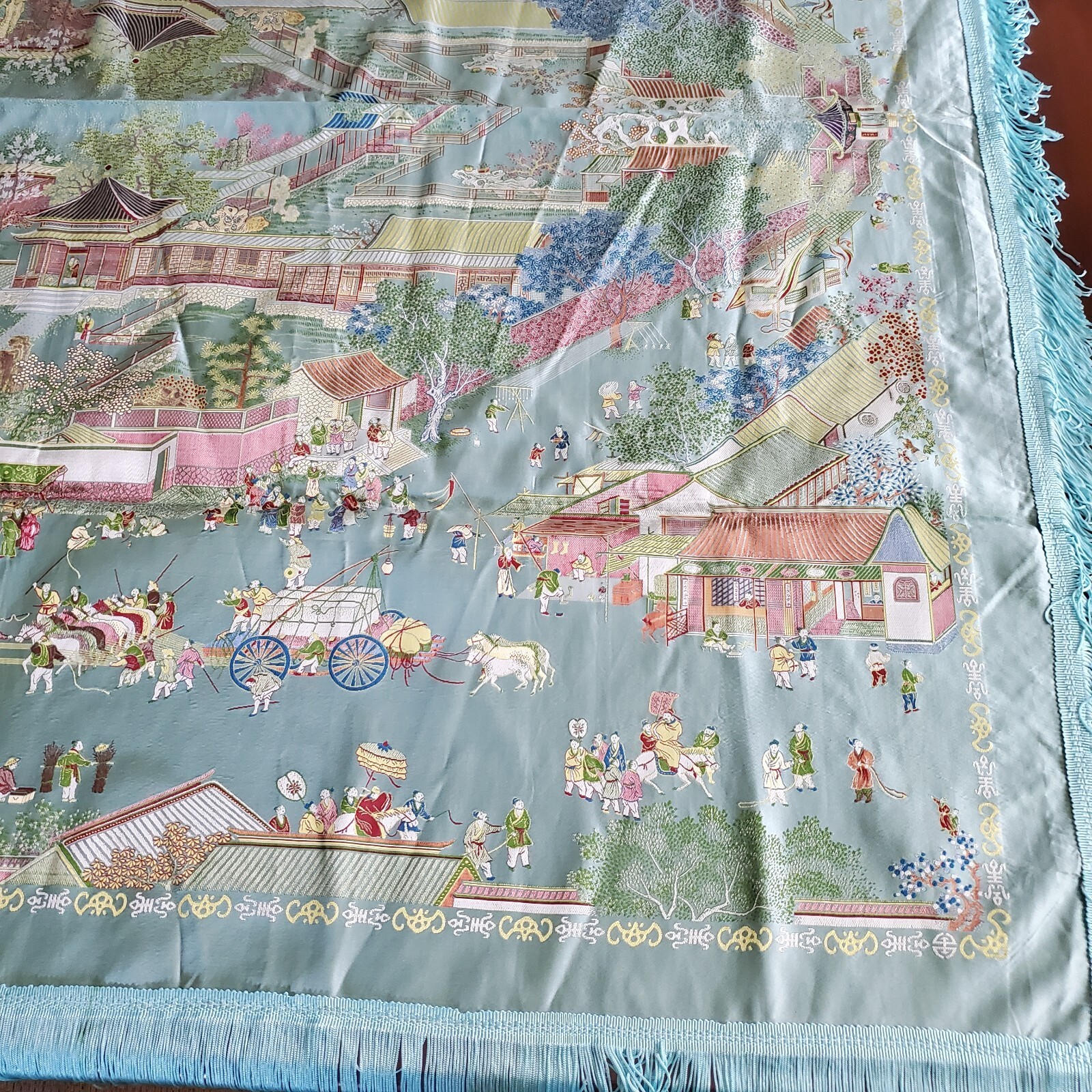 Vintage Gorgeous “Brocaded Flowers” Chinese Silk Tapestry Tablecloth 80″x54″