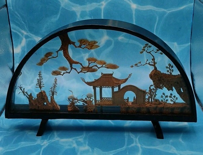 VTG Chinese Diorama Cork Carving Pagoda Trees Birds 10in x 6in Wood Glass Case