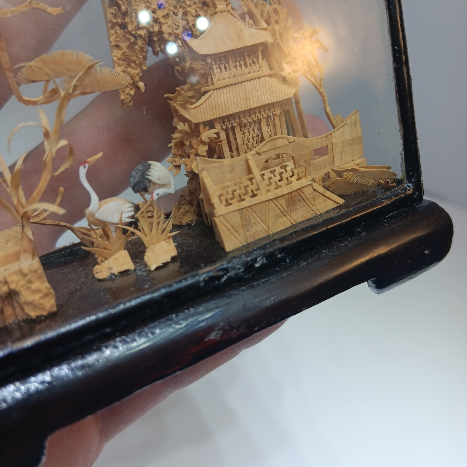VTG Chinese Cork Carving Diorama Shadow Box Asian Art Pagoda Cranes 4″x4.5″x1.5″
