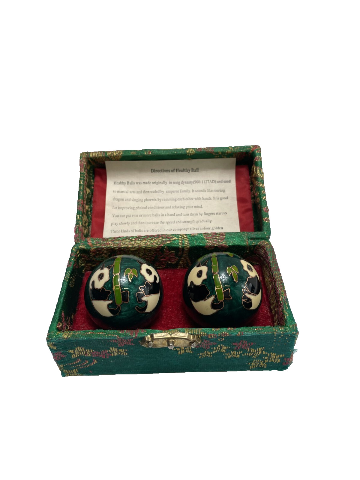Vintage Chinese Cloisonné Panda Bamboo Baoding Meditation Balls w/ Silk Box
