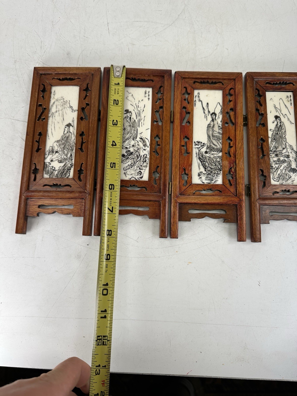 Antique Chinese 1900s 4 Panel Hand-Painted Mini Folding Screen Carved Engraved
