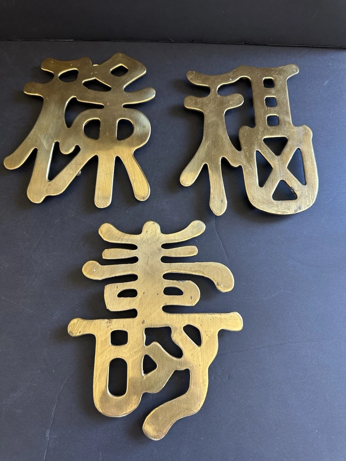 3 Chinese Symbols Solid Brass Wall Decor Trivets Happiness Good Luck Long Life