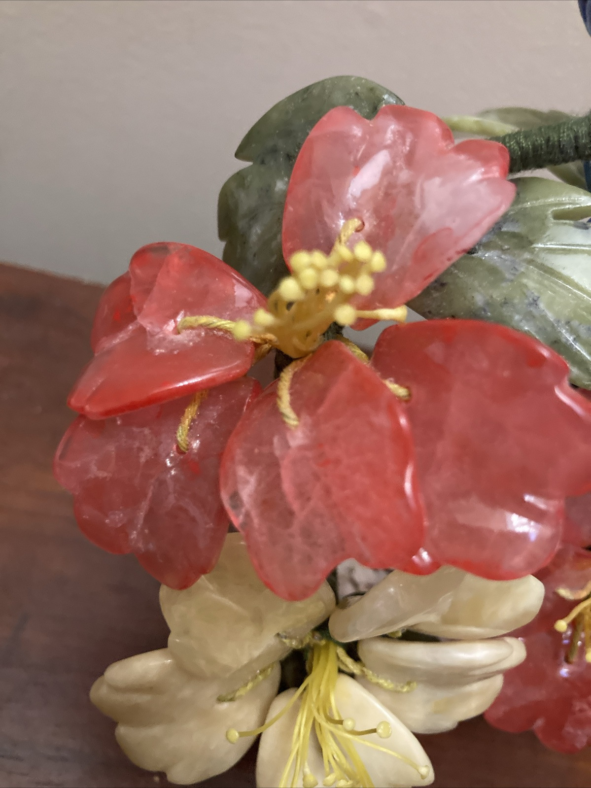 VTG Japanese Chinese Oriental Asian Jade Glass Flowering Bonsai Tree Celadon Pot