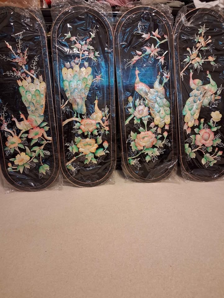 4 Vintage Asian Oriental Mother of Pearl Black Lacquer Wall Art Plaque Panels